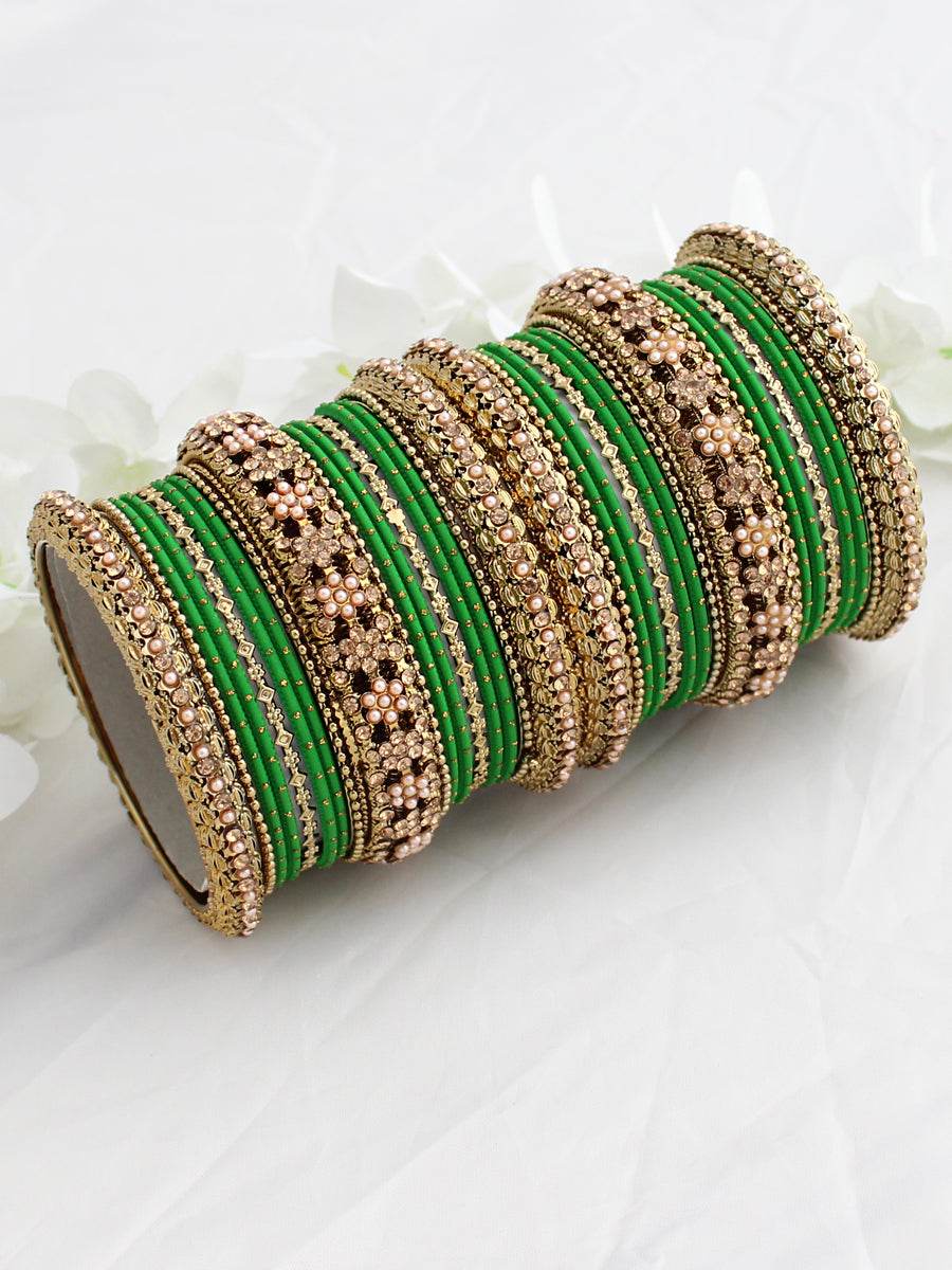 Mauli Bangle Set (Golden) Green Bangles T4 Jewels