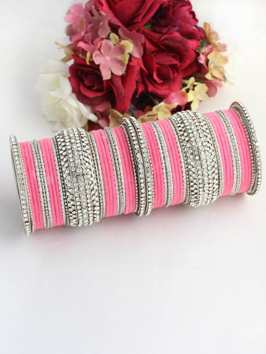 Maryam Bangle Set (Silver) Pink Bangles T4 Jewels