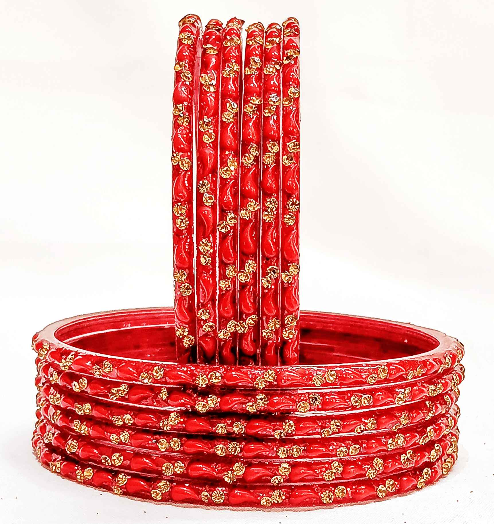 T4 Jewels (Large Size) Red & Green Color Glass Bangles (Pack Of 12)-BNFL Red Large Size Bangles T4 Jewels