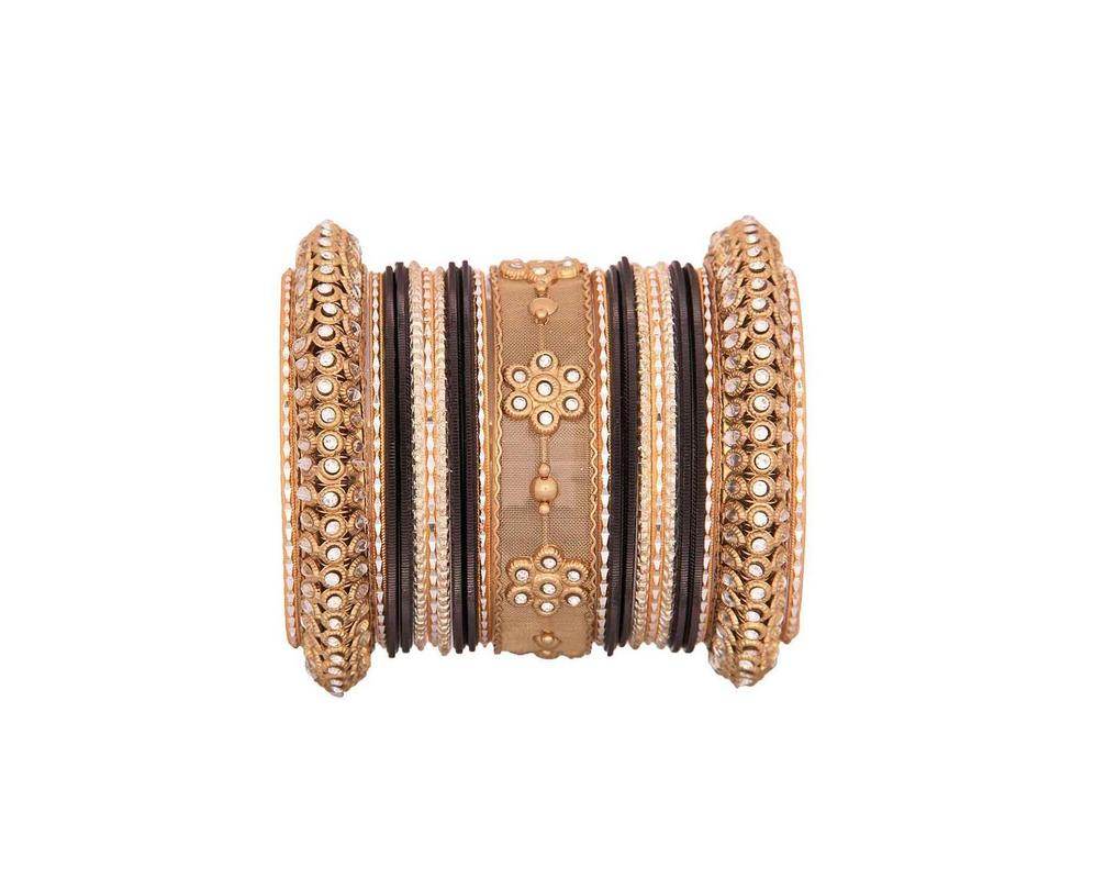 One Hand Multi-Colored Velvet Textured Bangle Set Black-Golden All Bangle Sets T4 Jewels