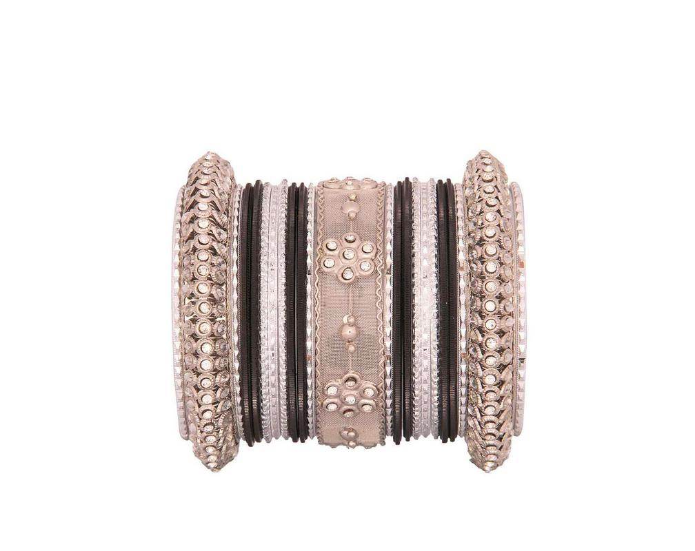 One Hand Multi-Colored Velvet Textured Bangle Set Black-Silver All Bangle Sets T4 Jewels