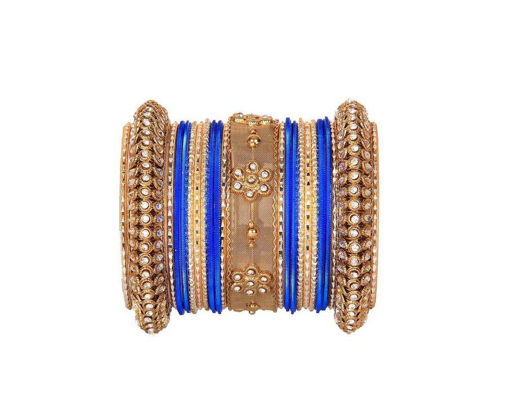 One Hand Multi-Colored Velvet Textured Bangle Set Blue-Golden All Bangle Sets T4 Jewels