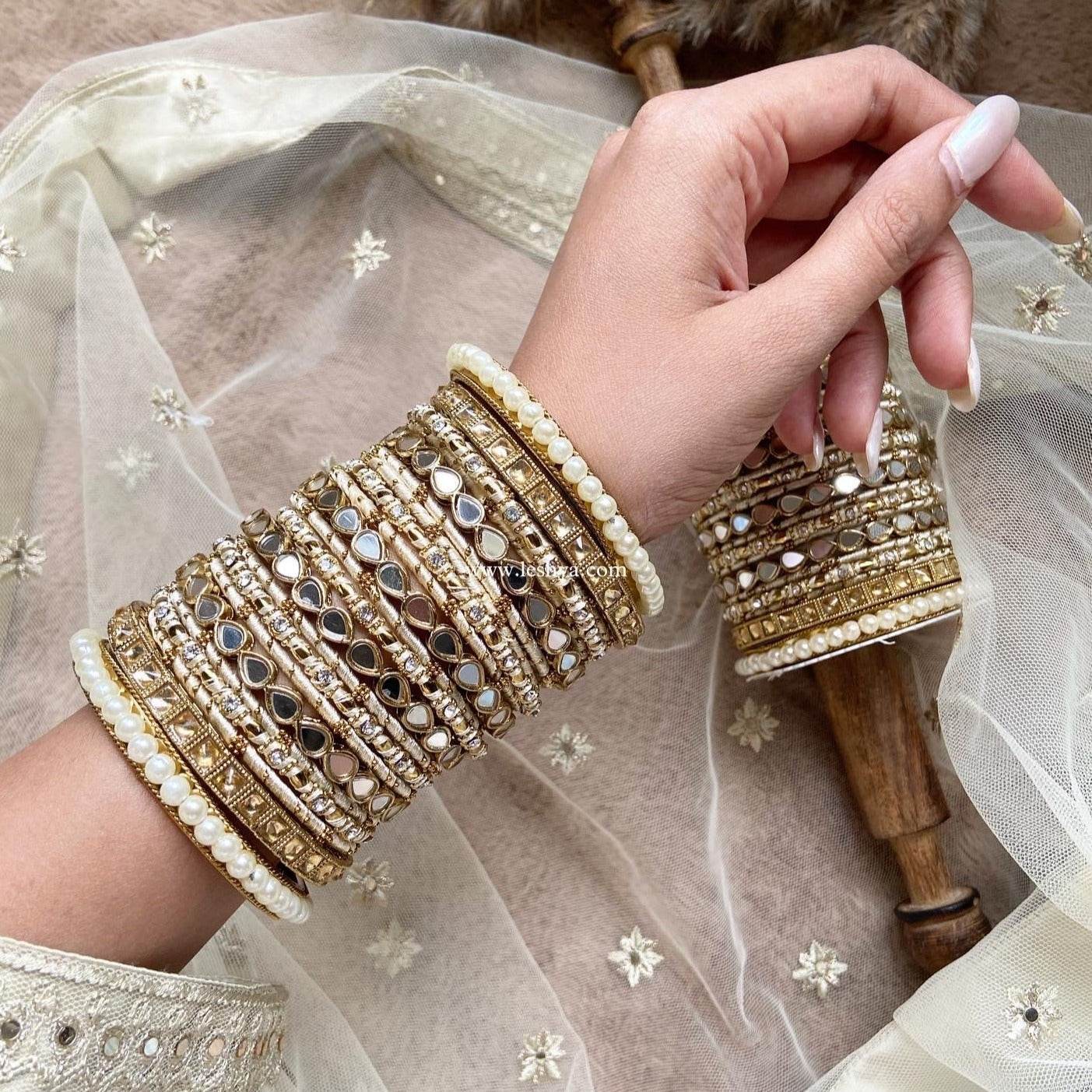 Bangle Set with Drop Mirror Kada and Pearl by T4 Jewels Beige All Bangle Sets T4 Jewels