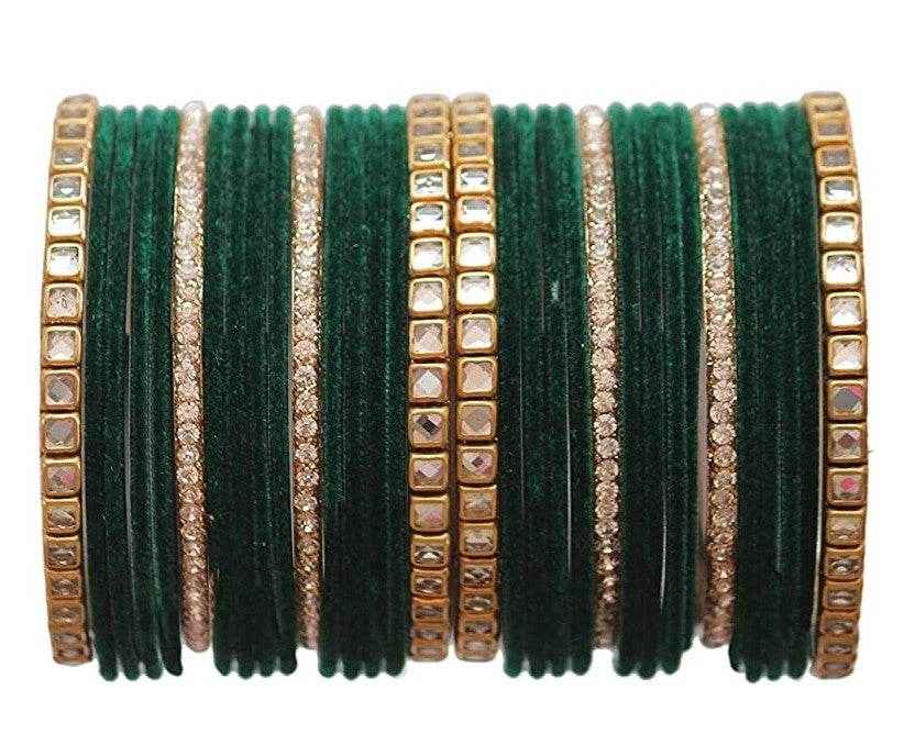 T4 Jewels 18k Gold Plated Zircon Stones And Beads Studded Fashion Jewellery Metal Bangles Set - 68NO Dark Green All Bangle Sets T4 Jewels