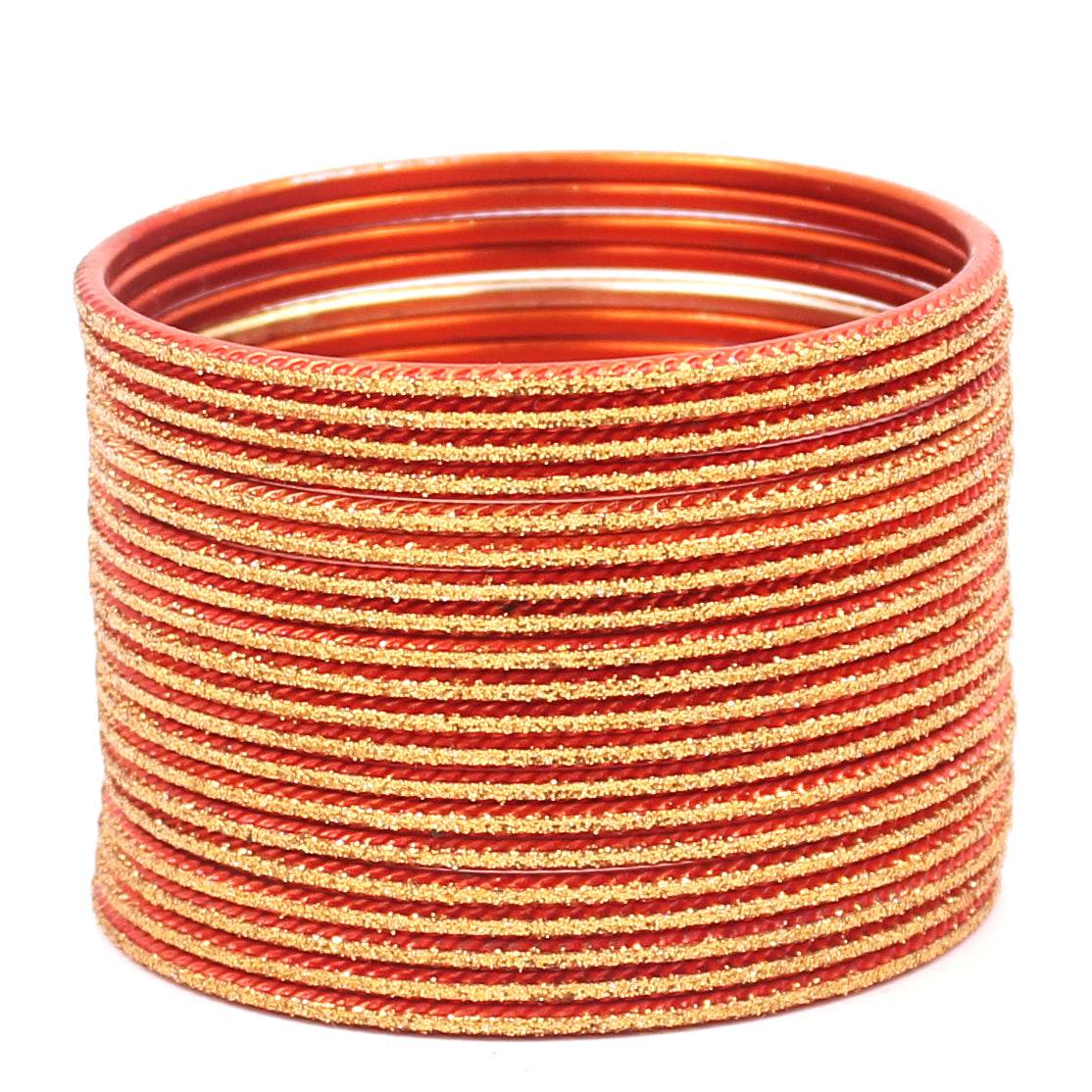 Set of 24 Shining Bangles with Golden Glitter Layering by T4 Jewels Orange Plain Metal Bangles T4 Jewels
