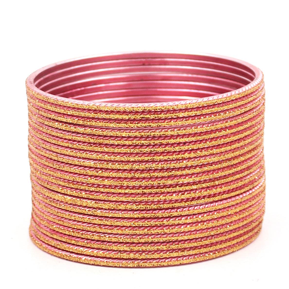 Set of 24 Shining Bangles with Golden Glitter Layering by T4 Jewels Pink Plain Metal Bangles T4 Jewels