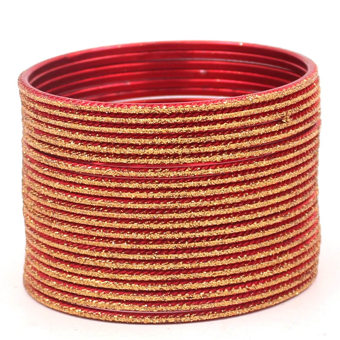 Set of 24 Shining Bangles with Golden Glitter Layering by T4 Jewels Red Plain Metal Bangles T4 Jewels