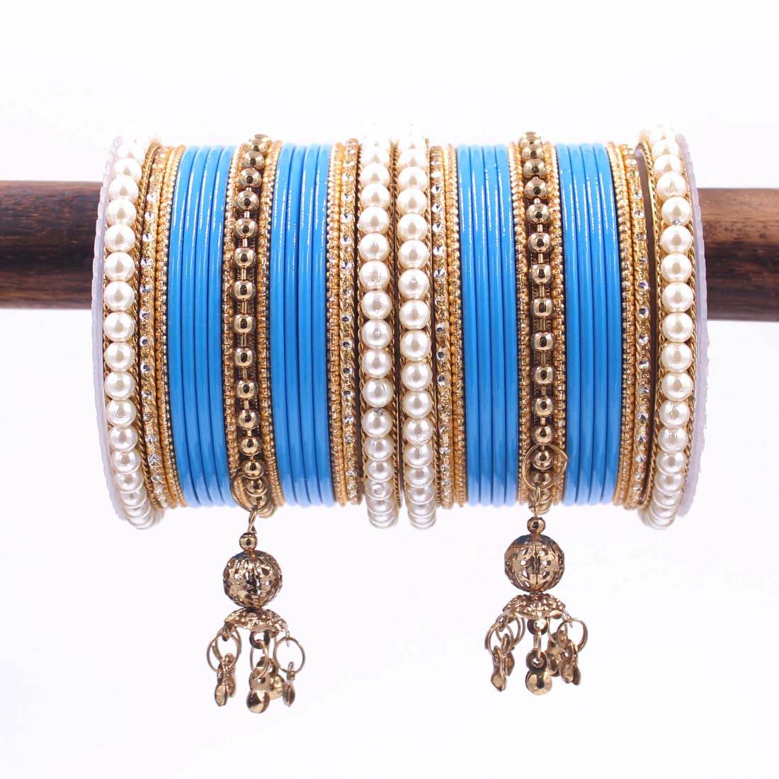 Traditional Solid Coloured Bangle Set with Pearl and Jhumki by T4 Jewels Firozi All Bangle Sets T4 Jewels