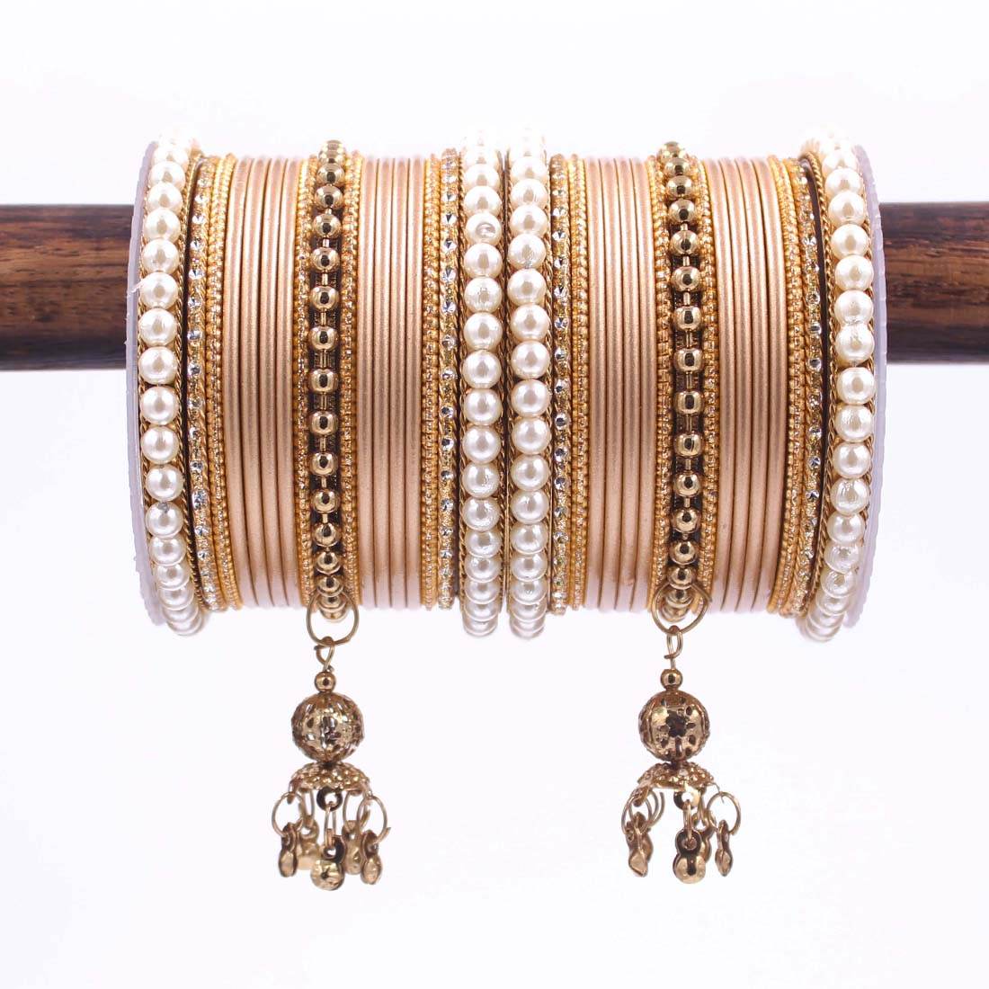 Traditional Solid Coloured Bangle Set with Pearl and Jhumki by T4 Jewels Golden All Bangle Sets T4 Jewels