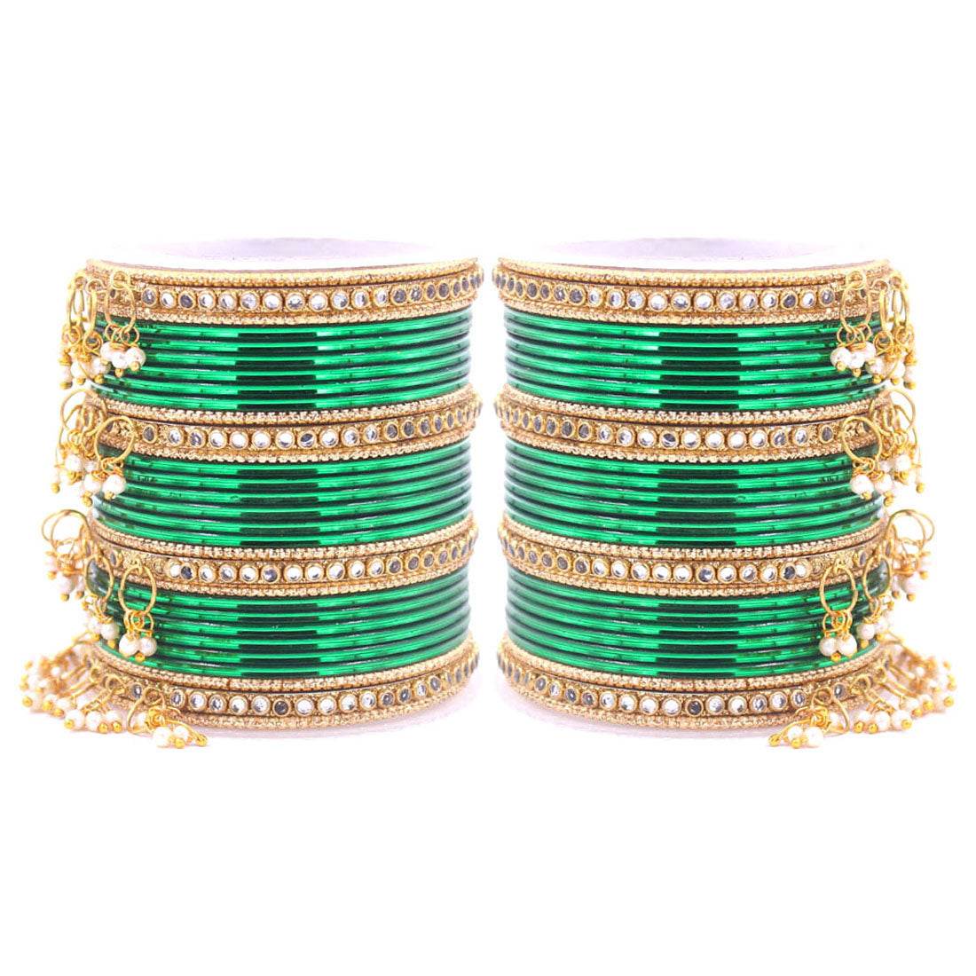 Shining Bangle Set with beaded Jhumki by T4 Jewels Green All Bangle Sets T4 Jewels
