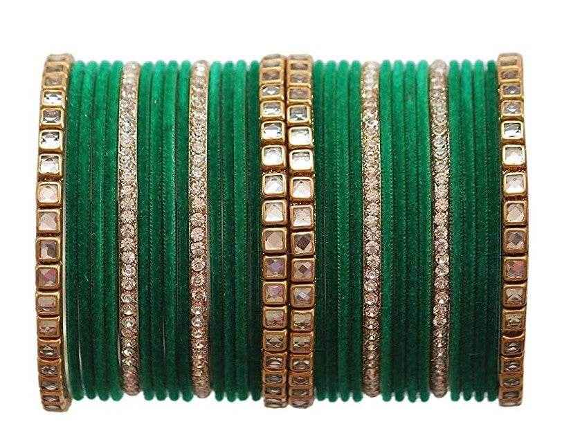 T4 Jewels 18k Gold Plated Zircon Stones And Beads Studded Fashion Jewellery Metal Bangles Set - 68NO Green All Bangle Sets T4 Jewels