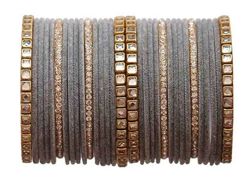 T4 Jewels 18k Gold Plated Zircon Stones And Beads Studded Fashion Jewellery Metal Bangles Set - 68NO Grey All Bangle Sets T4 Jewels