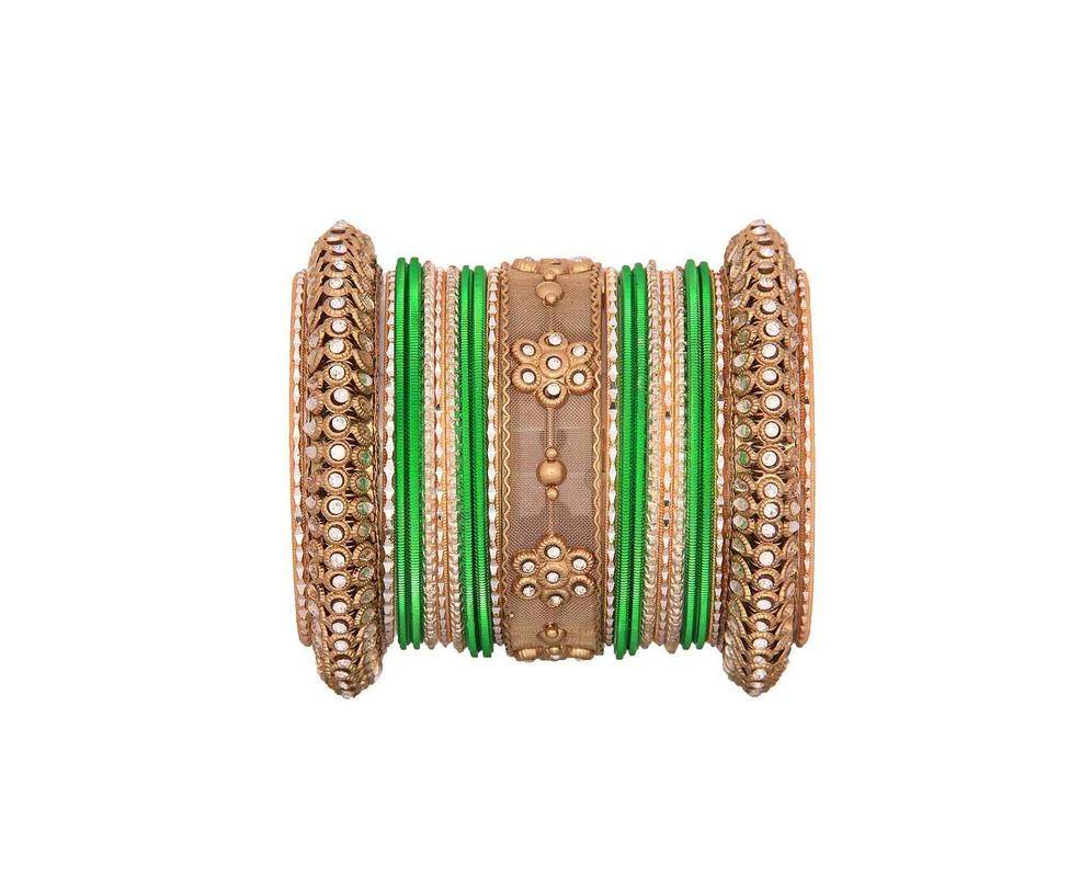One Hand Multi-Colored Velvet Textured Bangle Set Parrot Green-Golden All Bangle Sets T4 Jewels