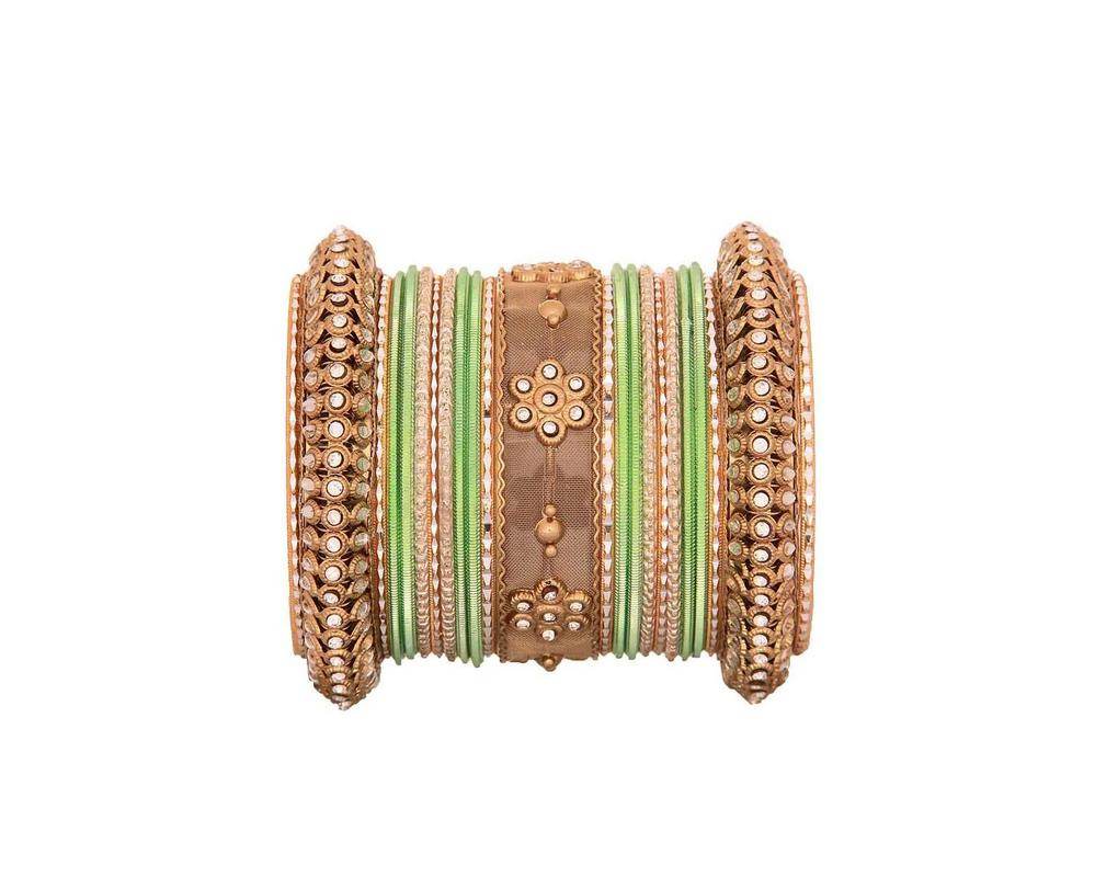 One Hand Multi-Colored Velvet Textured Bangle Set Pista-Golden All Bangle Sets T4 Jewels