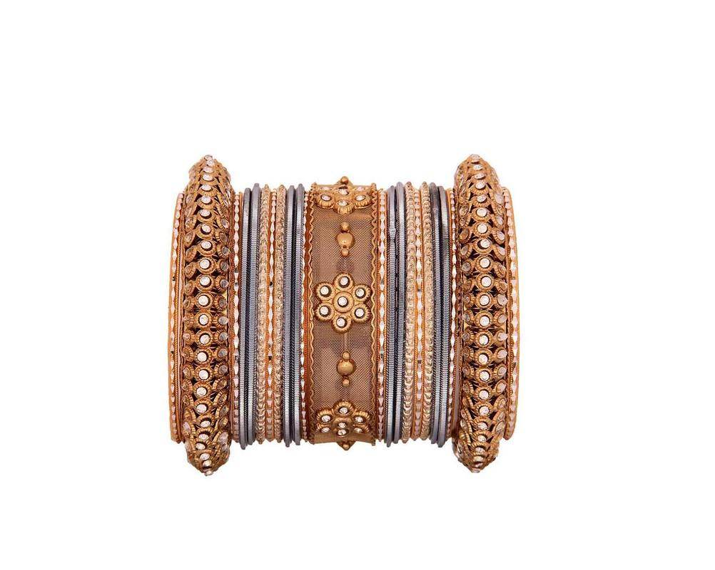 One Hand Multi-Colored Velvet Textured Bangle Set Grey-Golden All Bangle Sets T4 Jewels