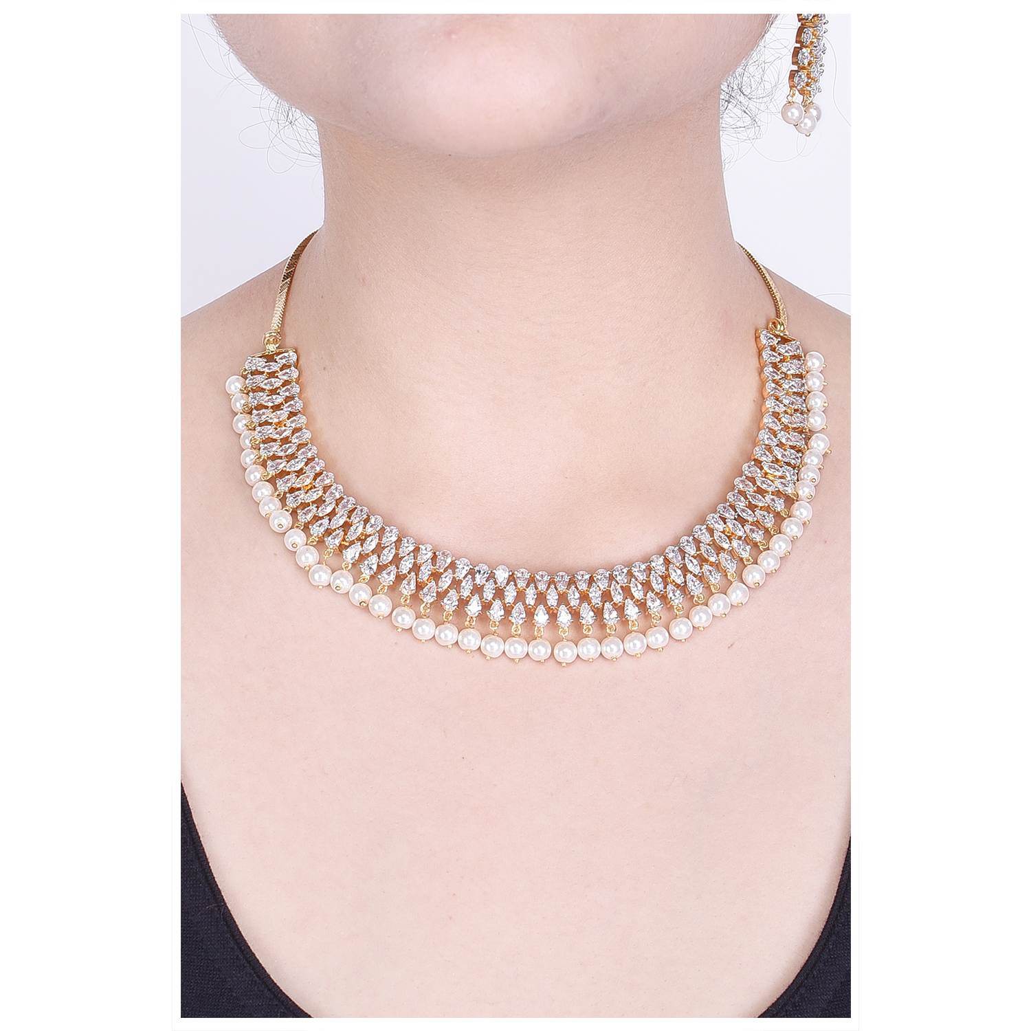 Exquisite Handcrafted CZ and Pearl Necklace Set T4 Jewels