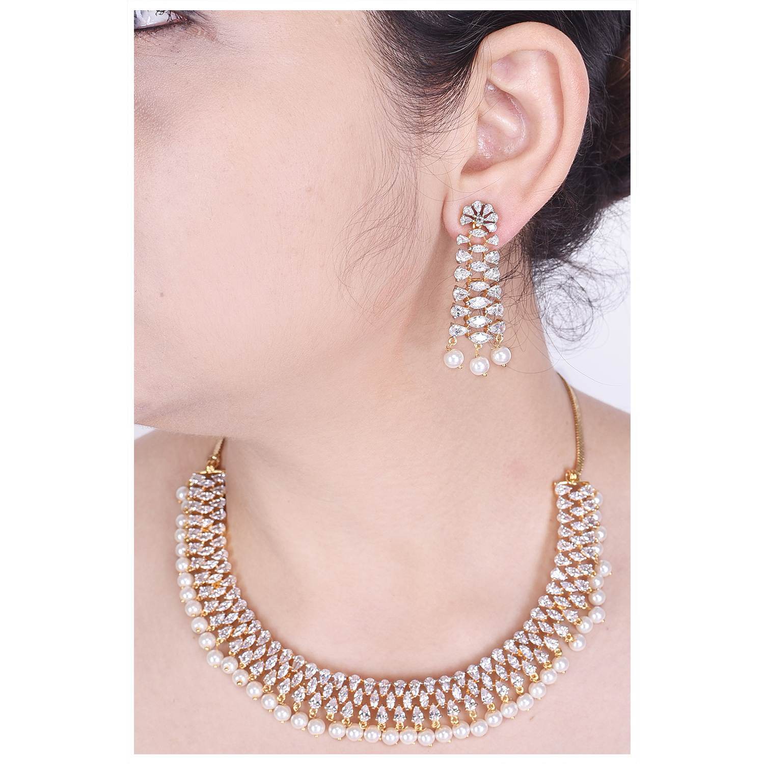 Exquisite Handcrafted CZ and Pearl Necklace Set T4 Jewels