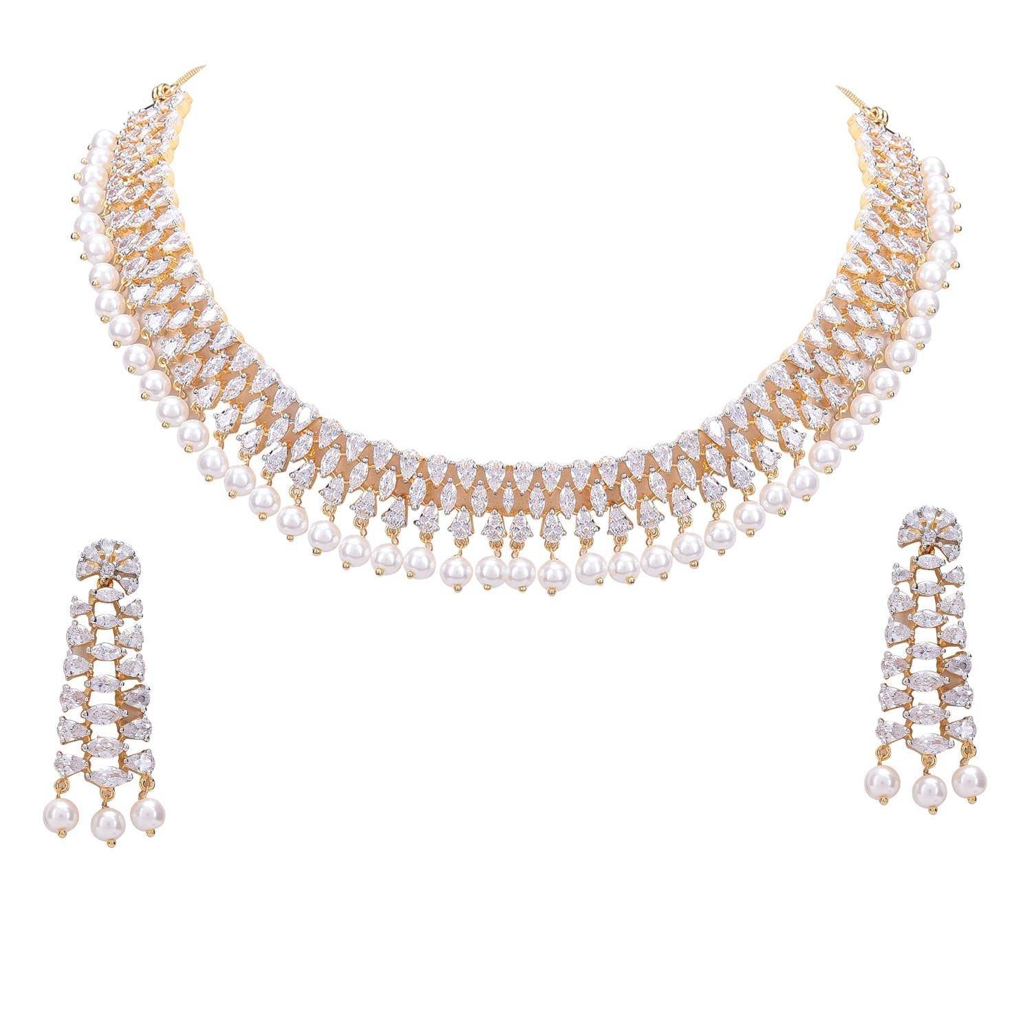 Exquisite Handcrafted CZ and Pearl Necklace Set T4 Jewels