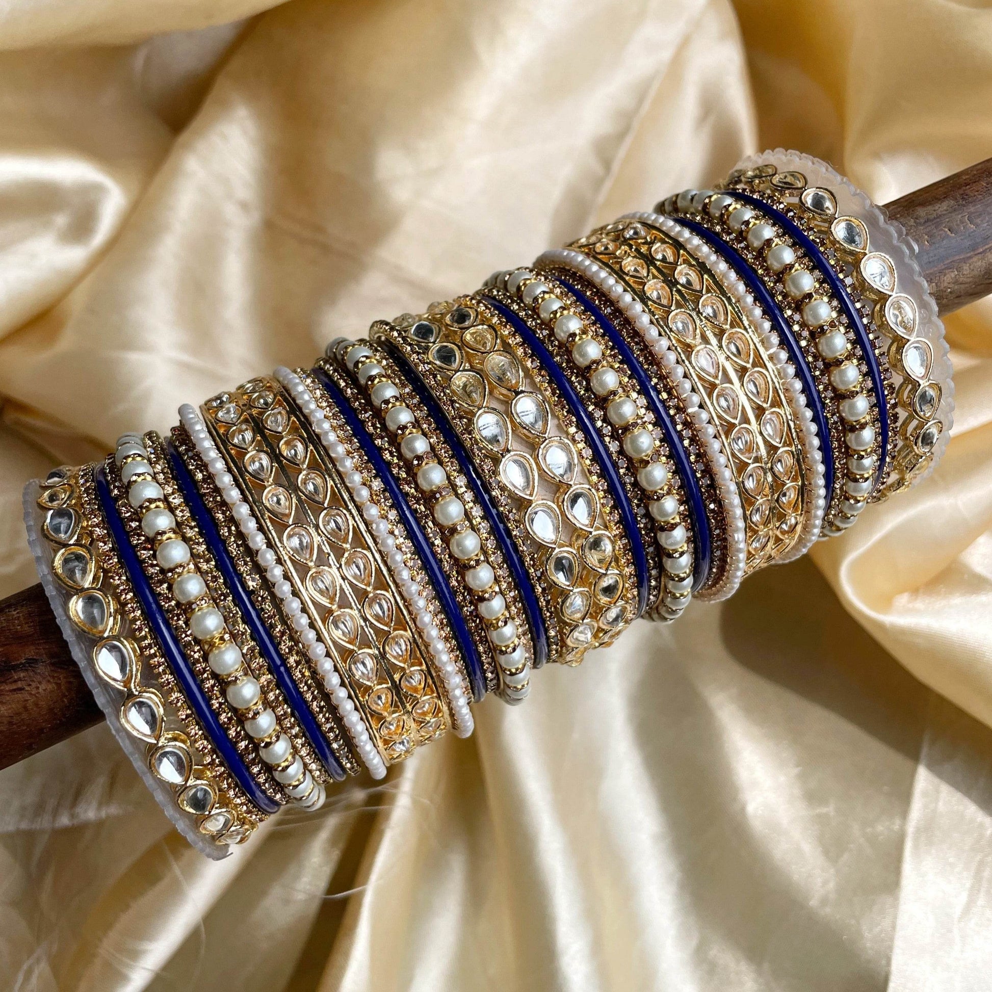 Matte Texture bangle set with Kundan Kada by T4 Jewels Blue All Bangle Sets T4 Jewels