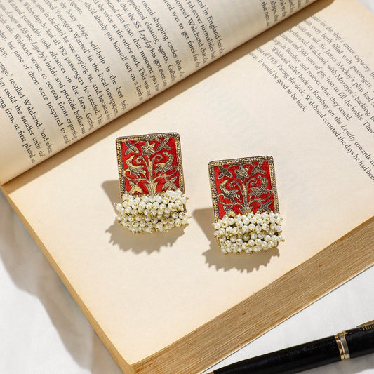 Enamel Earring with Gajra Pearl Border by T4 Jewels Red T4 Jewels