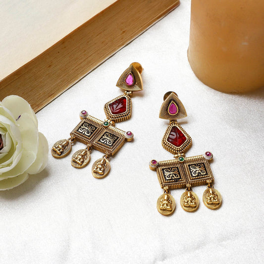 Temple Jewellery Earring with Goddess Symbol Drops by T4 Jewels Maroon T4 Jewels