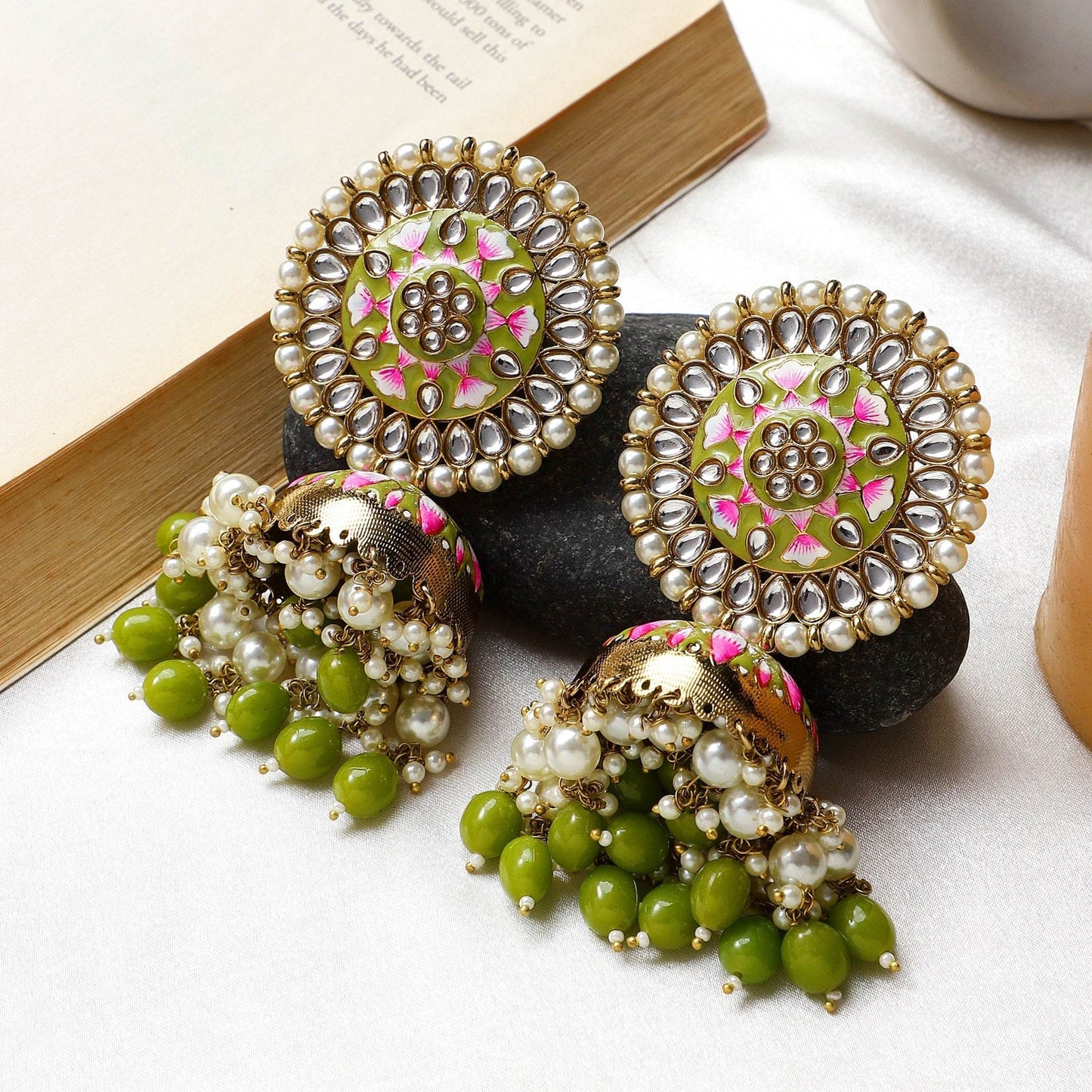 Meenakari Earrings with Kundan Pearl & Jhumka by T4 Jewels Parrot Green T4 Jewels