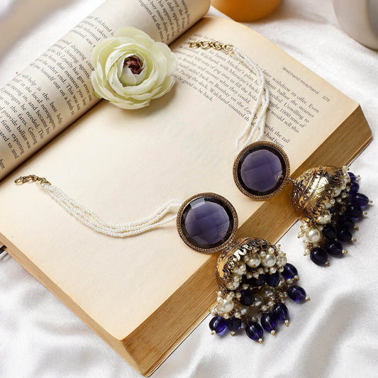 Coloured Kundan Jhumki Earring with hanging beads by T4 Jewels Dark Blue T4 Jewels