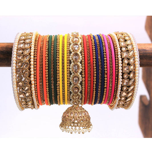 Colourful Jhumki Bangle set with Kundan Border Kada by T4 Jewels Multi All Bangle Sets T4 Jewels