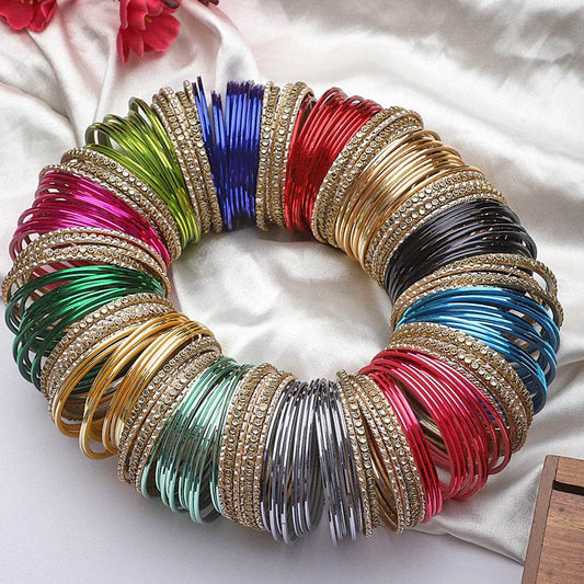 Colourful Bangle Bunch with Shining and Kundan Bangles (12 Colours) Plain Metal Bangles BANGLES BY T4 Jewels