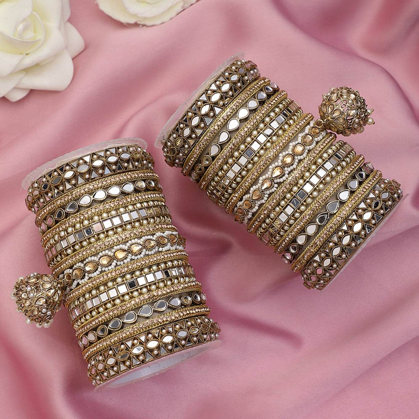 Traditional Mirror Bangle Set with Jhumki by T4 Jewels Golden All Bangle Sets T4 Jewels