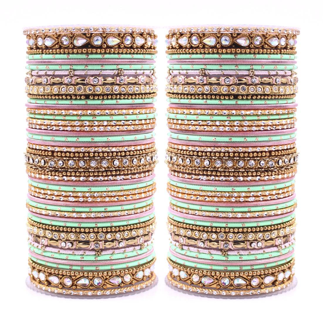 Intricate Dual Colour Pastel Bridal Bangle set Peach-Pista All Bangle Sets T4 Jewels