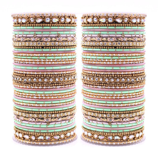 Intricate Dual Colour Pastel Bridal Bangle set Peach-Pista All Bangle Sets T4 Jewels