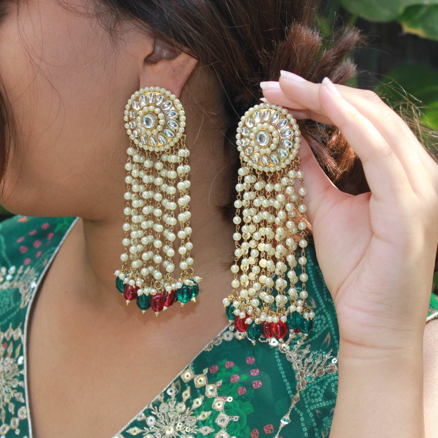 Bridal Kundan Jhumki Earring with hanging beads by T4 Jewels Red::Green T4 Jewels