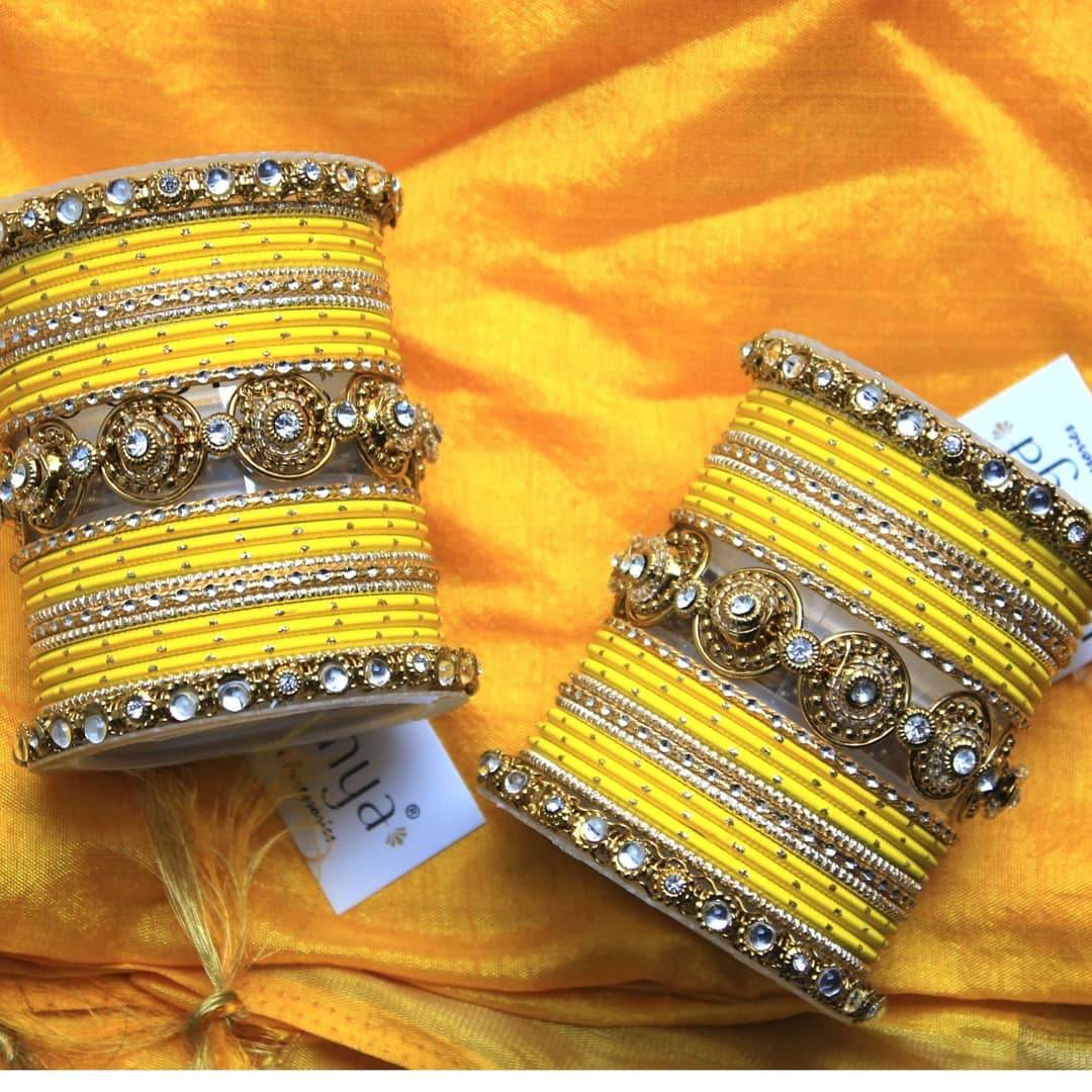 Traditional Colored Textured Bangle Set For Single Hand Yellow All Bangle Sets T4 Jewels