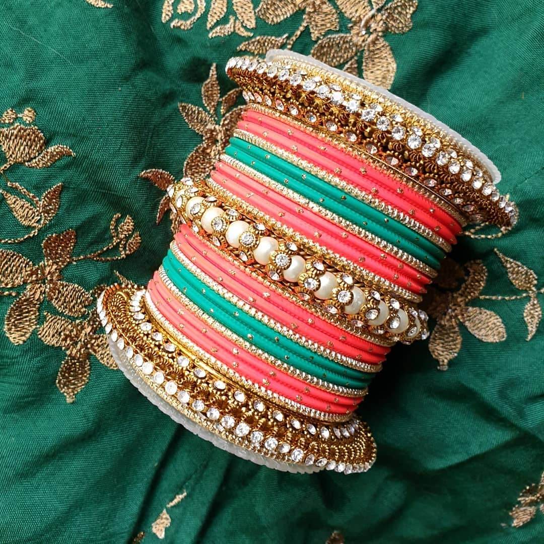 Set of 2 Traditional Multi-Colored Pearl Chakri Bangle Set Rose-Radium All Bangle Sets T4 Jewels