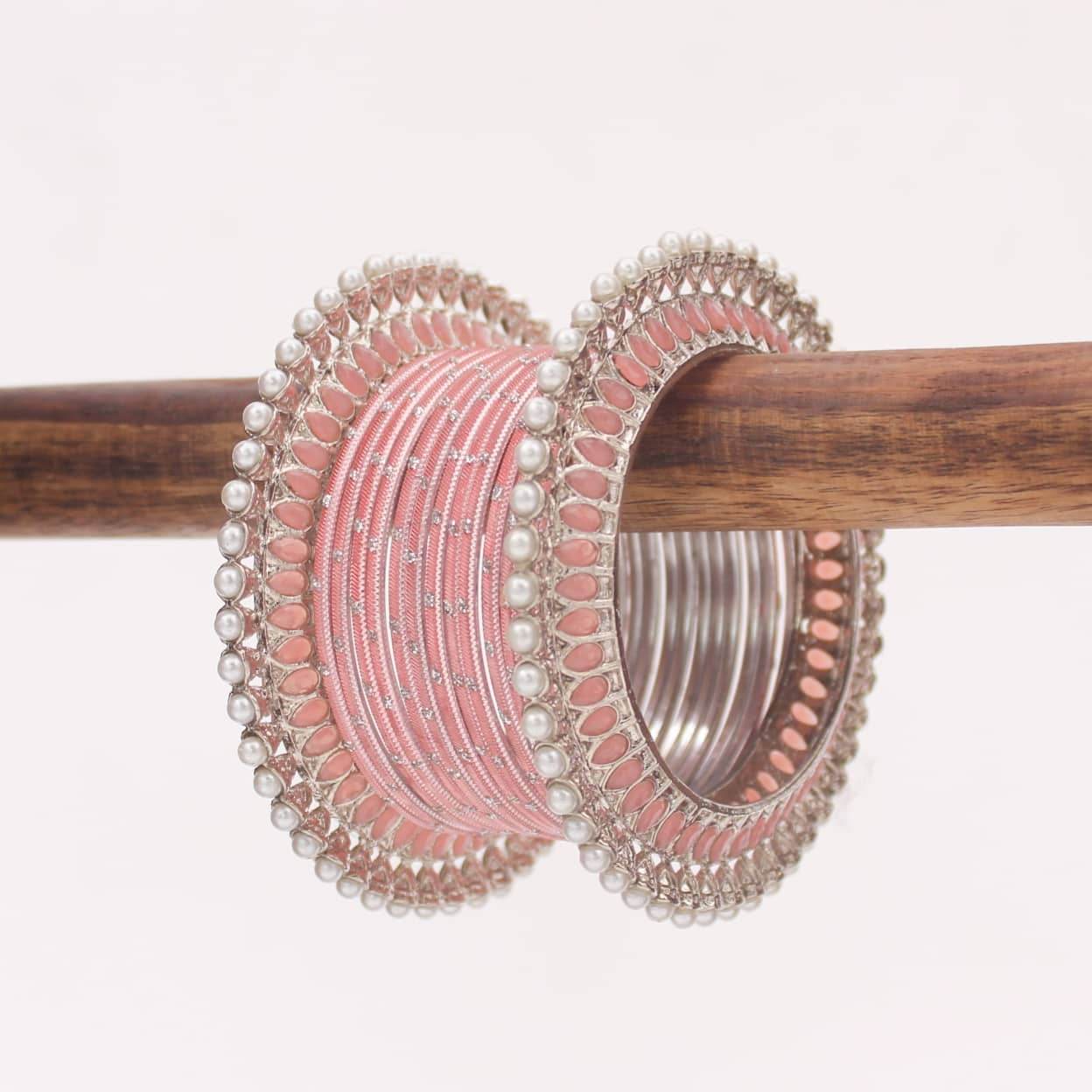 Traditional Pearl Bangles set for One Hand Peach All Bangle Sets T4 Jewels