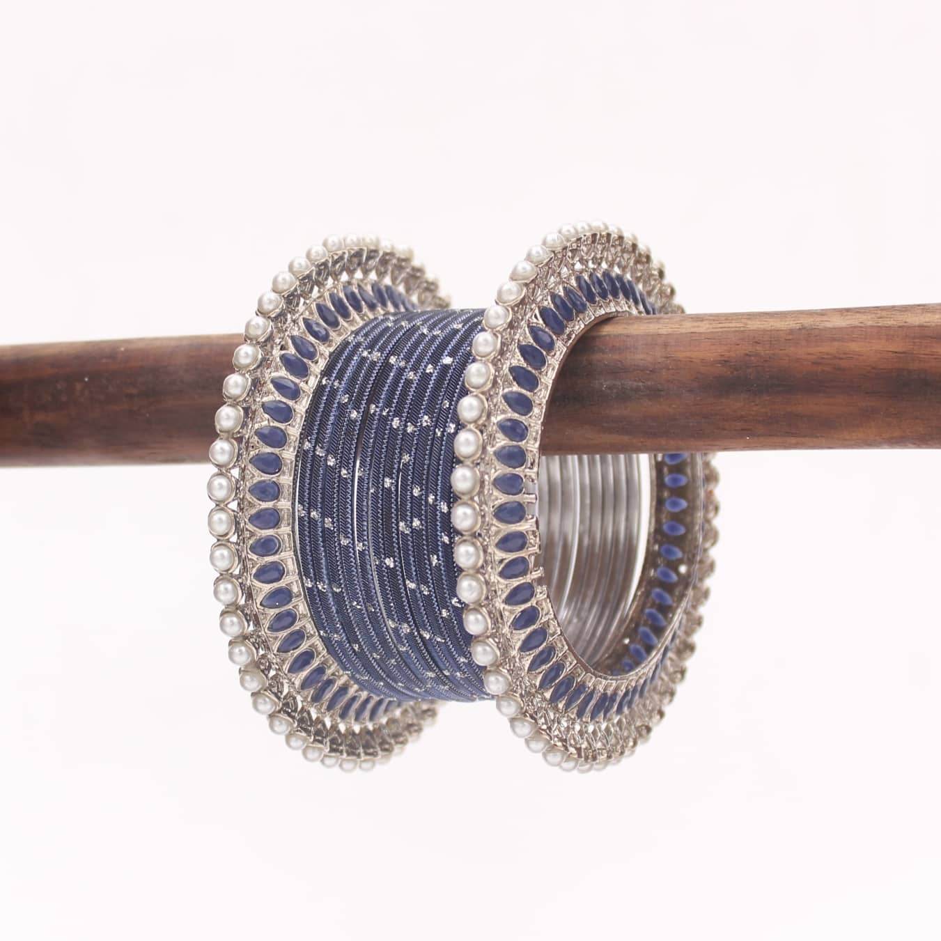 Traditional Pearl Bangles set for One Hand Blue All Bangle Sets T4 Jewels