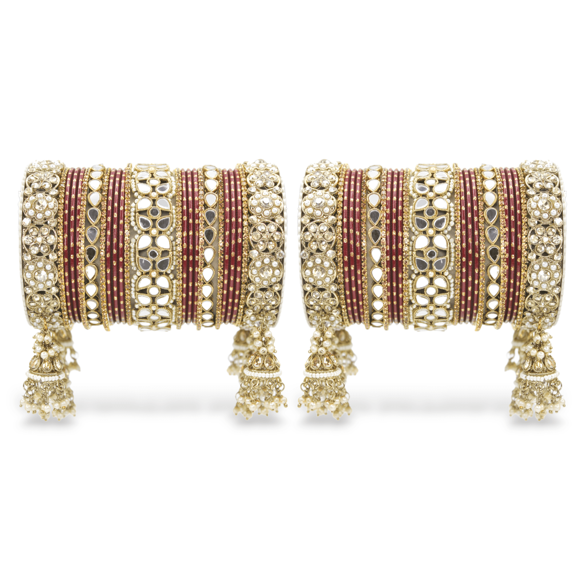 Mirror Style Bangle set with Jhumki for two hands by T4 Jewels Maroon All Bangle Sets T4 Jewels