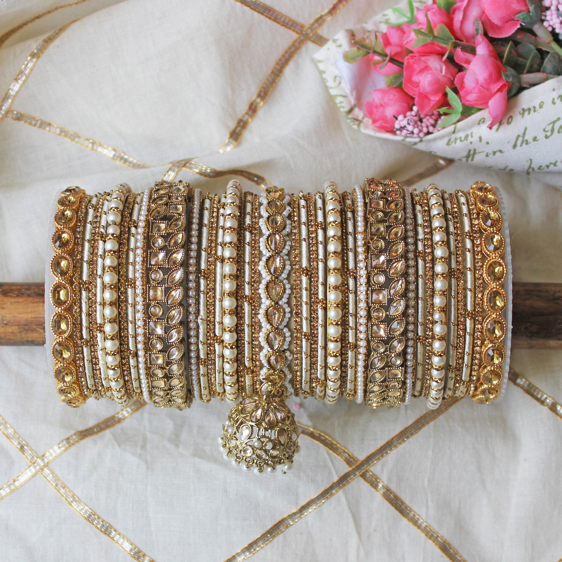 Traditional Ranisa Bangle Set with Kundan Jhumki by T4 Jewels Beige All Bangle Sets T4 Jewels