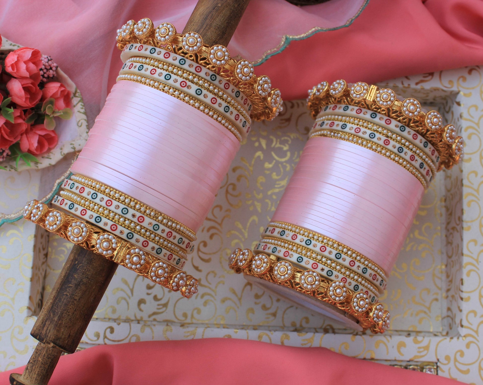 Bridal Chura with Pastel Colours and Pacheli Rajwada Kada Pink Bridal Chuda T4 Jewels