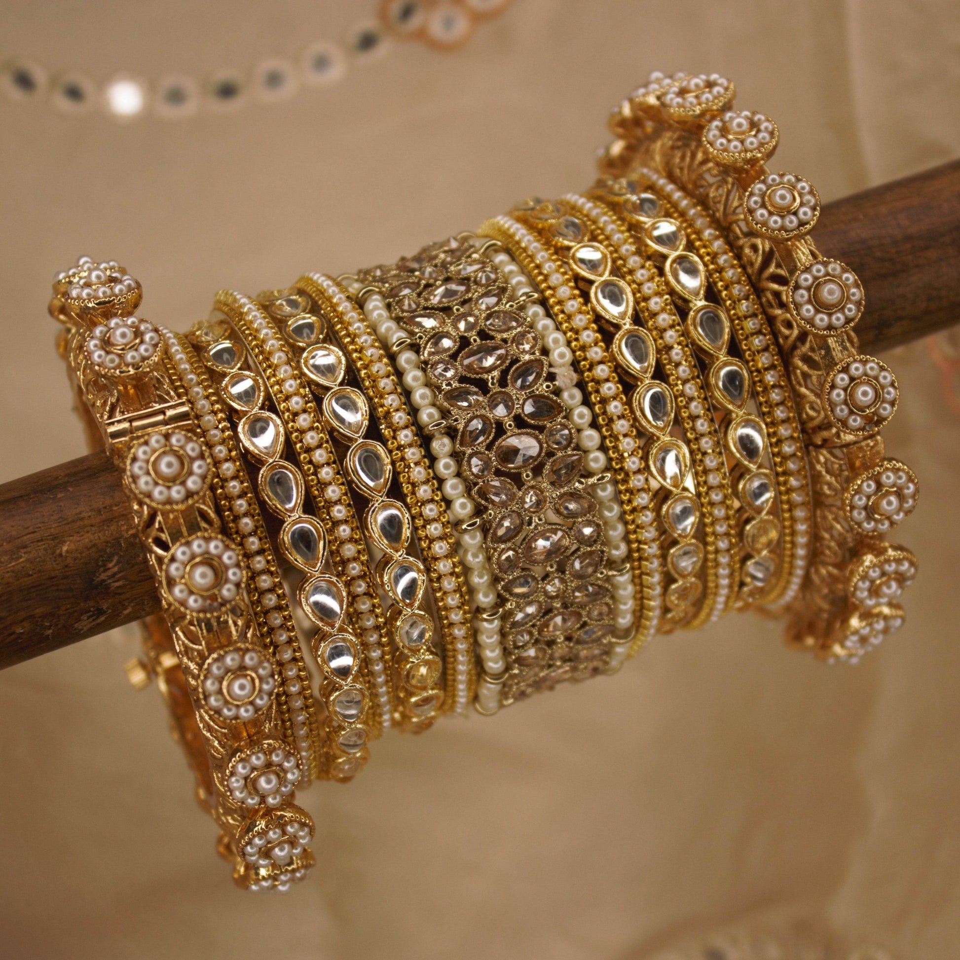 Pushpa Bangle Set with Kundan Jhumki for one hand by T4 Jewels Beige All Bangle Sets T4 Jewels