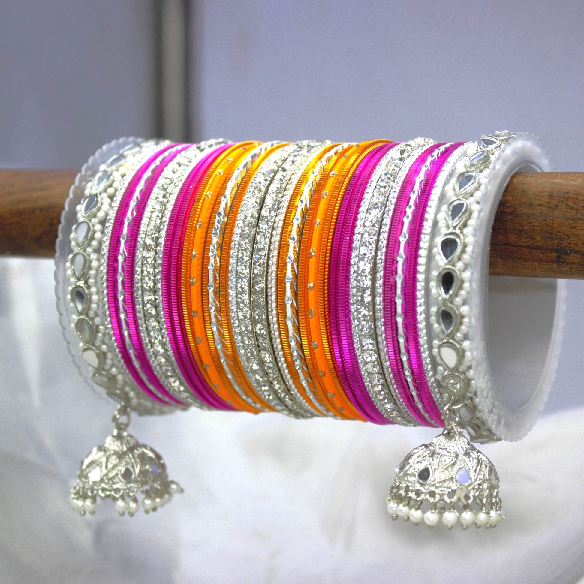 Pastel Coloured Bridal Bangle set with Silver kundan Jhumki Rani-Orange All Bangle Sets T4 Jewels