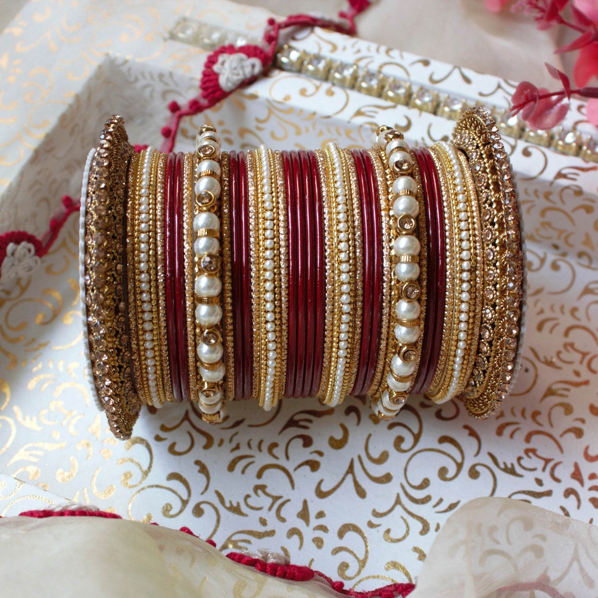 Beautiful Bridal Bangle Set with Pacheli Kada by T4 Jewels Maroon All Bangle Sets T4 Jewels