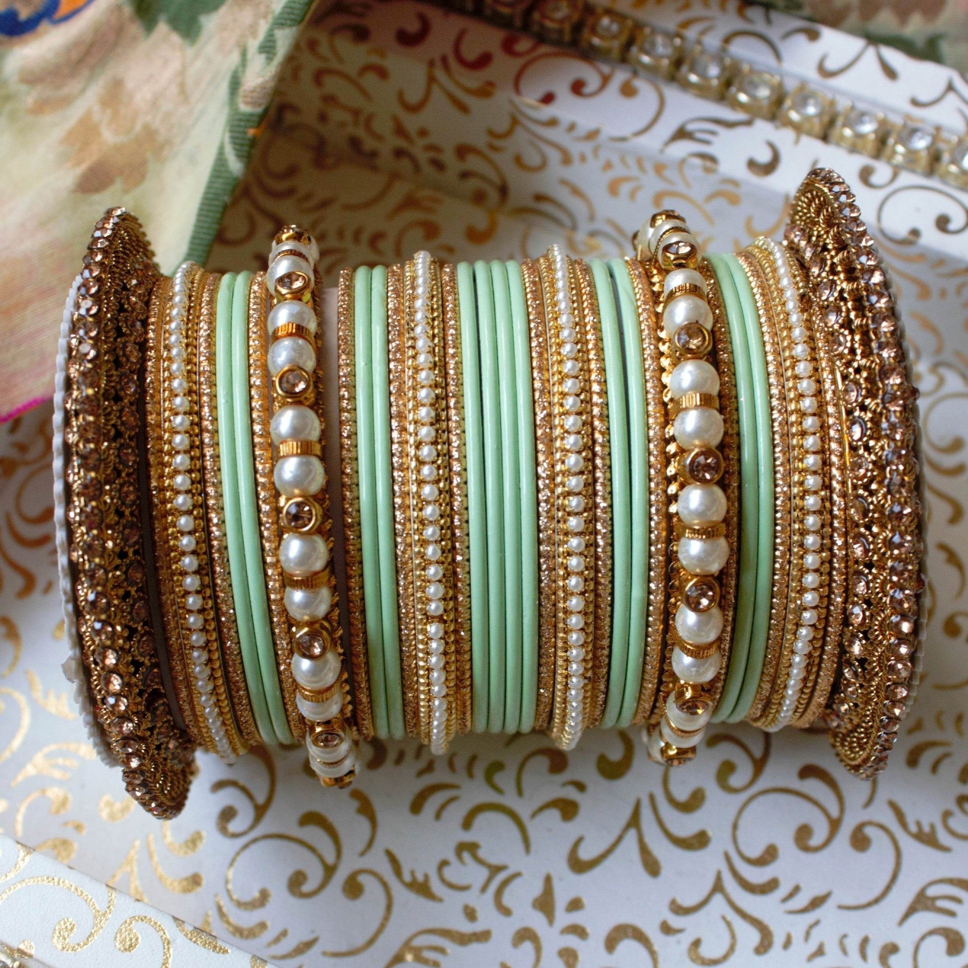 Beautiful Bridal Bangle Set with Pacheli Kada by T4 Jewels Pista All Bangle Sets T4 Jewels