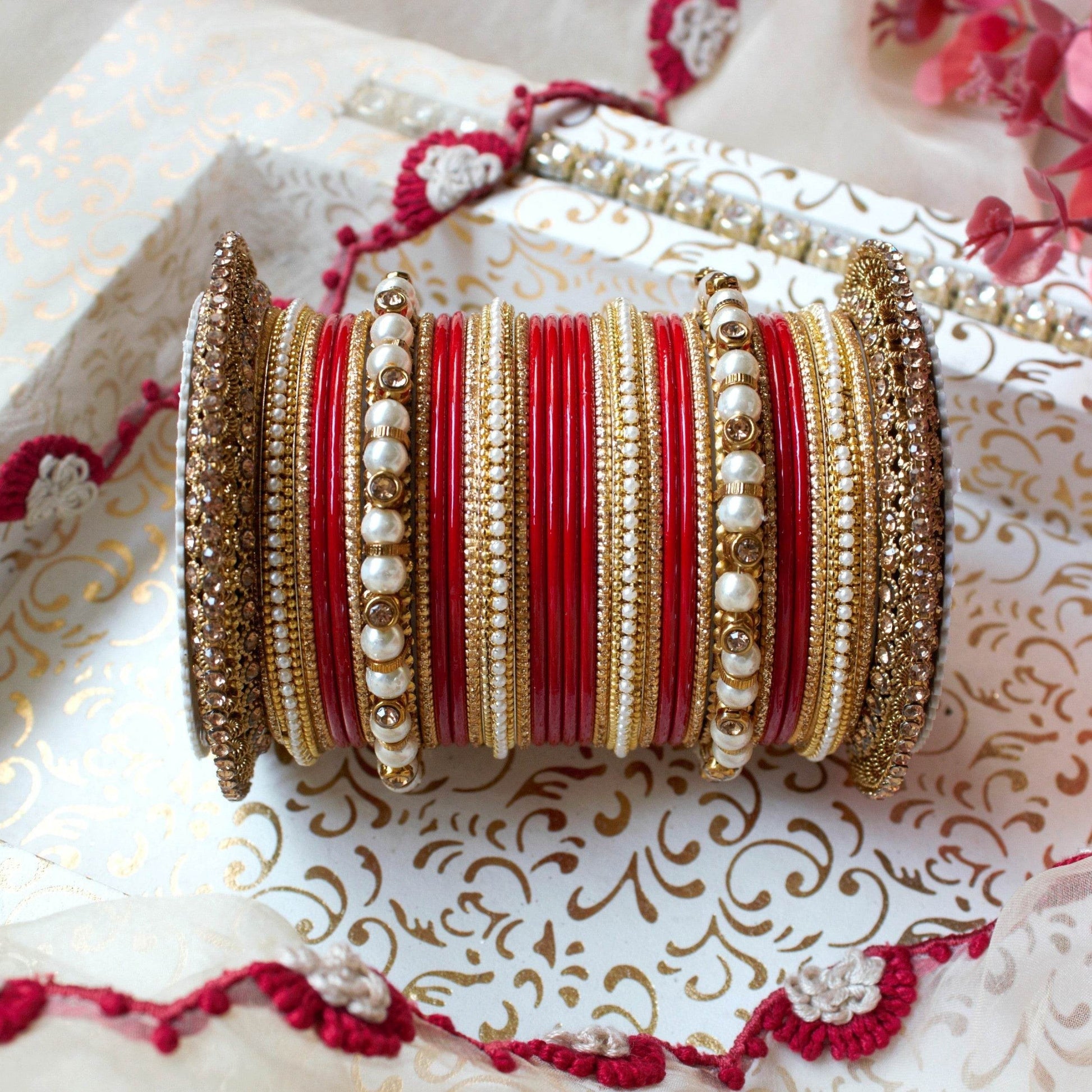 Beautiful Bridal Bangle Set with Pacheli Kada by T4 Jewels Red All Bangle Sets T4 Jewels