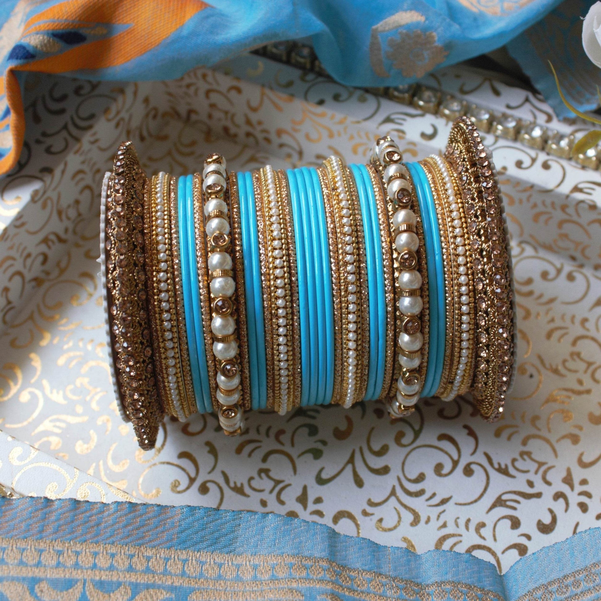 Beautiful Bridal Bangle Set with Pacheli Kada by T4 Jewels Sky Blue All Bangle Sets T4 Jewels