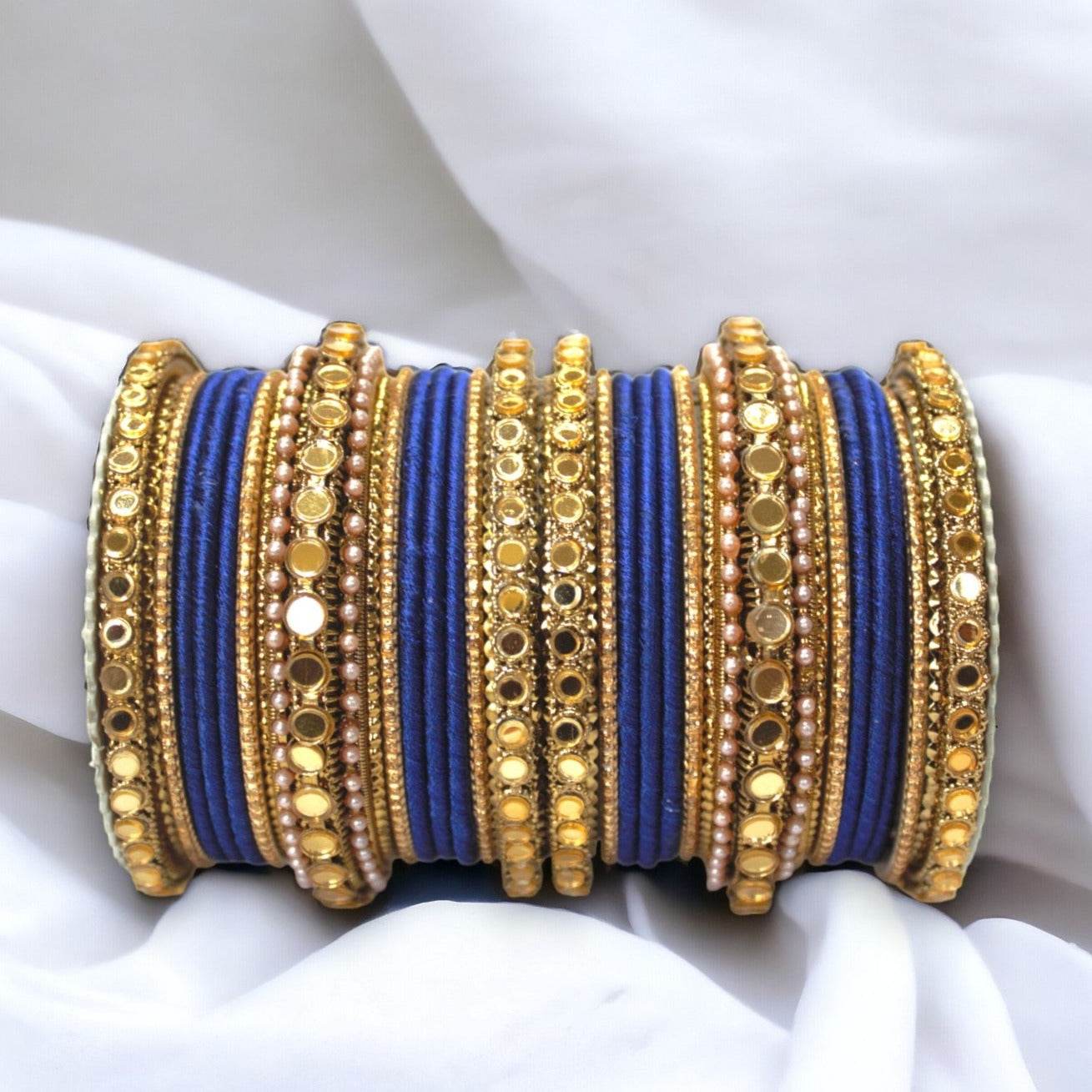Velvet Bangles set with Golden Mirror work Kada Royal Blue All Bangle Sets T4 Jewels