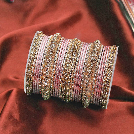 Traditional Colored Kundan Work Bangle Set For Two Hands Peach All Bangle Sets T4 Jewels