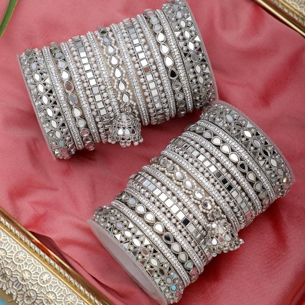 Traditional Mirror Bangle Set with Jhumki by T4 Jewels Silver All Bangle Sets T4 Jewels
