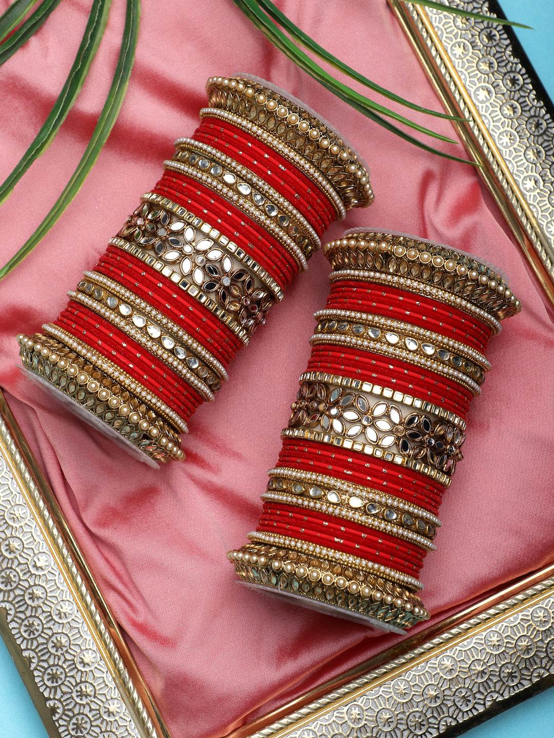 Bridal Bangle Set with Flower Mirror Kada and Pacheli by T4 Jewels Red All Bangle Sets T4 Jewels